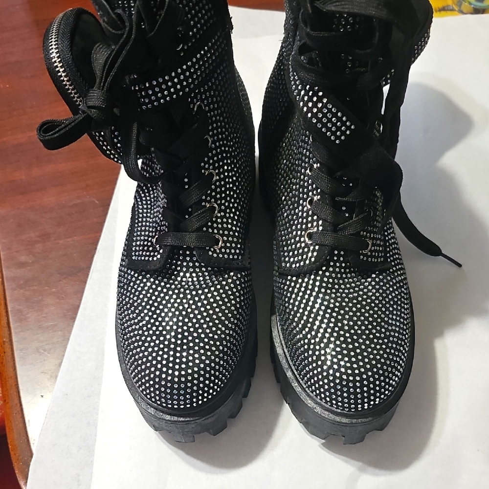 Rouge Black and Silver Rhinestone  Studded Platform Boots
